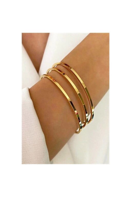 3 Lü Çelik Gold Altın Kaplama Ajda Bilezik Seti 22 Cm 65 Mm