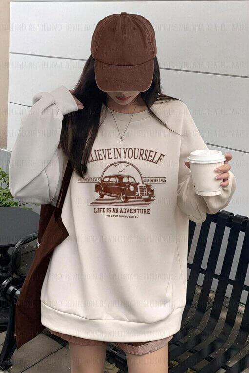Kadın Kırık Beyaz Krem Ekru Believe Baskılı 0 Sıfır Yaka Oversize Salaş Bol Kesim Polar Sweatshirt