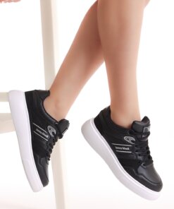 Kadın Siyah Beyaz Beyaz Siyah Poli Taban Yanı Şeritli Bağcıklı Sneaker