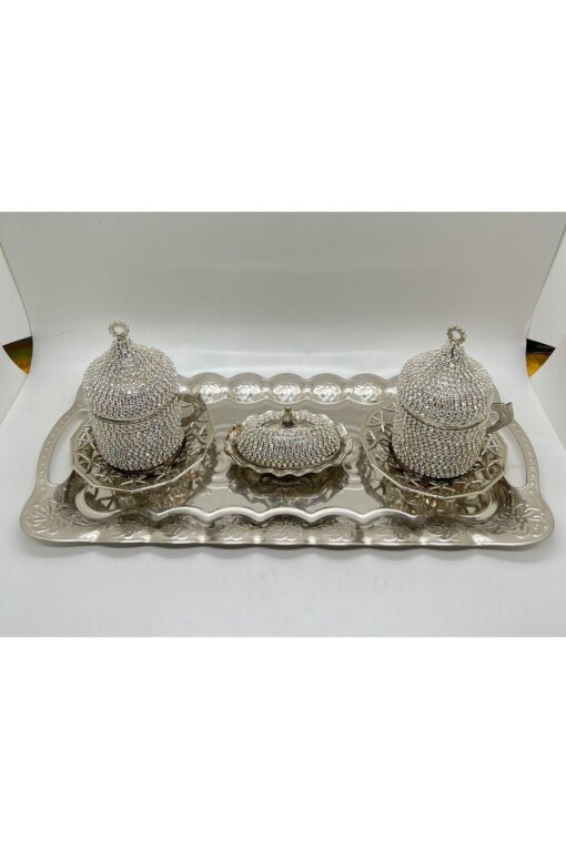 2li Gümüş & Gold Kristal Taşlı Kahve Fincanı Tepsili Lokumluk Söz Nişan Seti