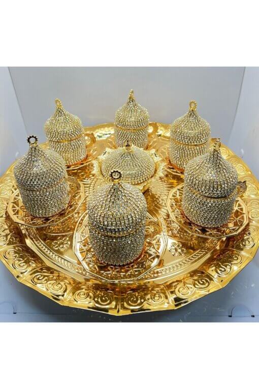 6lı Gold Kristal Taşlı Kahve Fincanı Tepsili Lokumluk Söz Nişan Seti Kutulu
