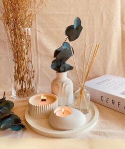 Dekoratif Tepside 5 Li Set Çizgili Vazo, Vanilya Koku Ahşap Fitil Mum, Tealight Mumluk, Oda Koku