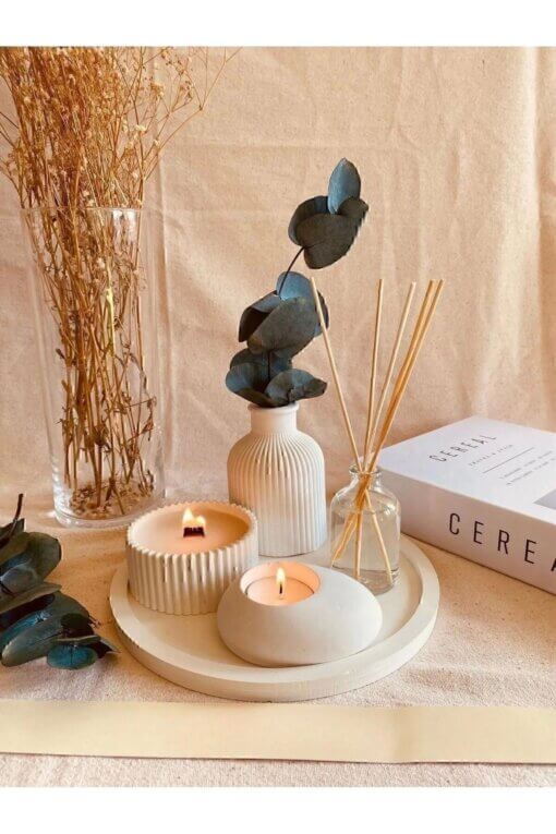 Dekoratif Tepside 5 Li Set Çizgili Vazo, Vanilya Koku Ahşap Fitil Mum, Tealight Mumluk, Oda Koku