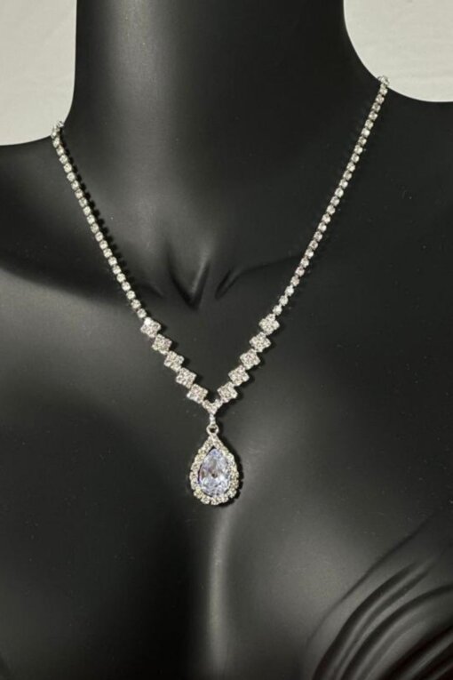Damla Model Zirkon Taşlı Abiye Kolye Küpe Seti Gelin Nişan Takı Seti