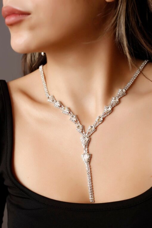 Silver Damla Taşlı Su Yolu Kolye Küpe ve Bileklik Üçlü Set Davet Düğün Nişan Abiye